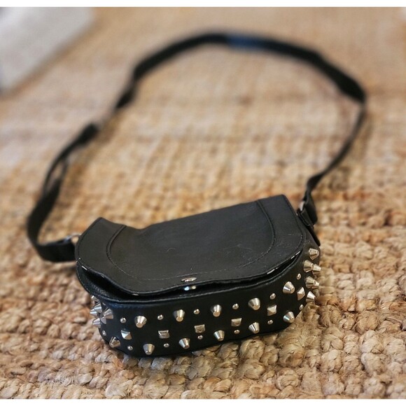 Faux Leather Biker bag with Metal Spikes Small Black Shoulder Crossbody HandBag - Picture 1 of 16